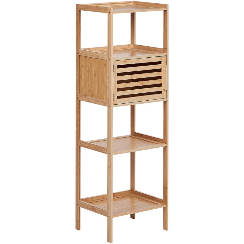 Etagère Décorative en Bambou Rangement 4 Etagères 1 Porte Salle de Bain Bois Clair Lafayette