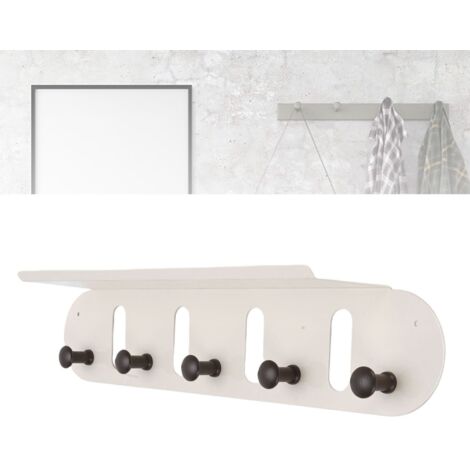 Etagère d'entrée avec 5 crochets pour manteaux, sacs, chapeaux (50x10cm) - Blanc, Bois noyer et Métal - Montage mural facile