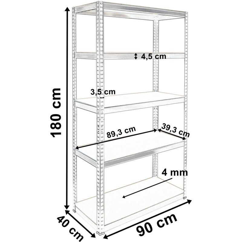 Etagère d'entrepôt 5 niveaux 875 kg 180 x 90 x 40 cm