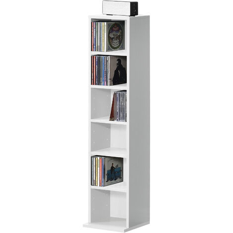 en.casa] tour cd étagère cd / dvd rangement stockage armoire haut 12  surfaces de stockage 175 x 20 x 20 cm mdf mélaminé blanc - Conforama