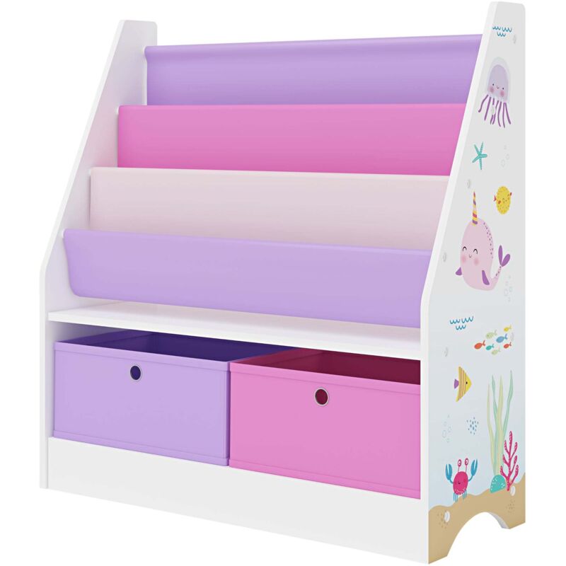 Étagère design intemporel salon chambre meuble de rangement d'enfant à 3 compartiments avec 2 boîtes 74 x 71 x 23 cm à motif océan Étagère design intemporel salon chambre meuble de rangement d'enfant à 3 compartiments avec 2 boîtes 74 x 71 x 23 cm à motif océan