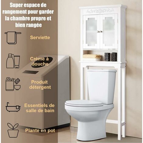Etagère dessus toilette, armoire de rangement pour salle de bain 3 etagères,portes en verre trempé