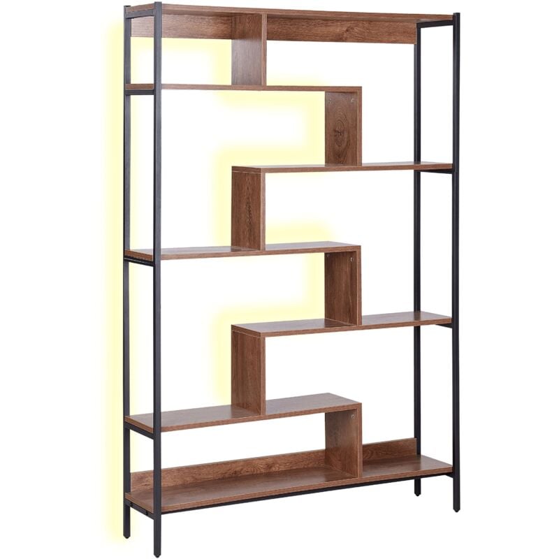 Étagère Destructurée à 6 Niveaux en Panneau de Particules et Acier Bois Foncé et Noir à LED Daven