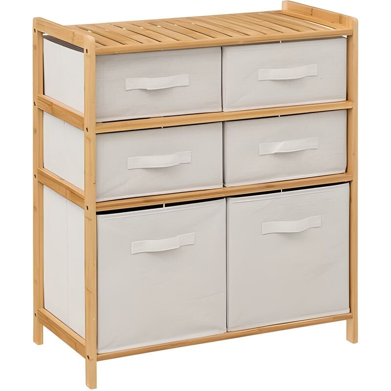 Etagère double avec 6 tiroirs en polyester/coton et bambou coloris lin/naturel - Longueur 66 x Hauteur 33 x Profondeur 78.5 cm