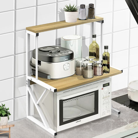 Etagère double pour micro-ondes 65×54×30cm Etagère de sol pour épices Tube galvanisé + spray plastique + panneau de densité Jaune noyer