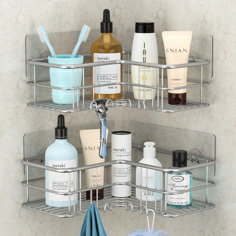 Gabrielle etagere douche angle, étagère de douche adhésive avec crochets, rangement et organisation de la salle de bain antirouille en acier
