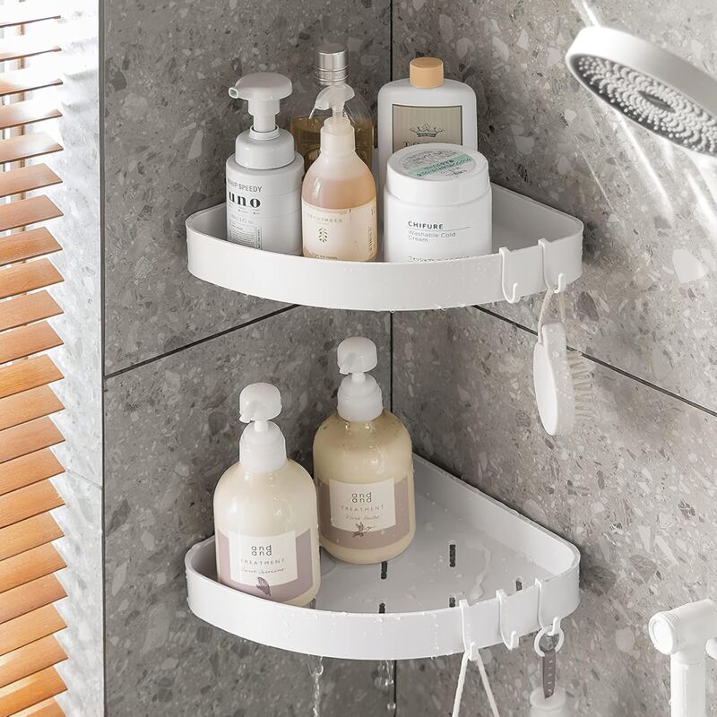 Etagere Douche Angle, Etagère de Douche d'angle en avec 4 Crochets, Blanc sans Perçage Accessoire, Rangement et Organisation de La Salle de Bain