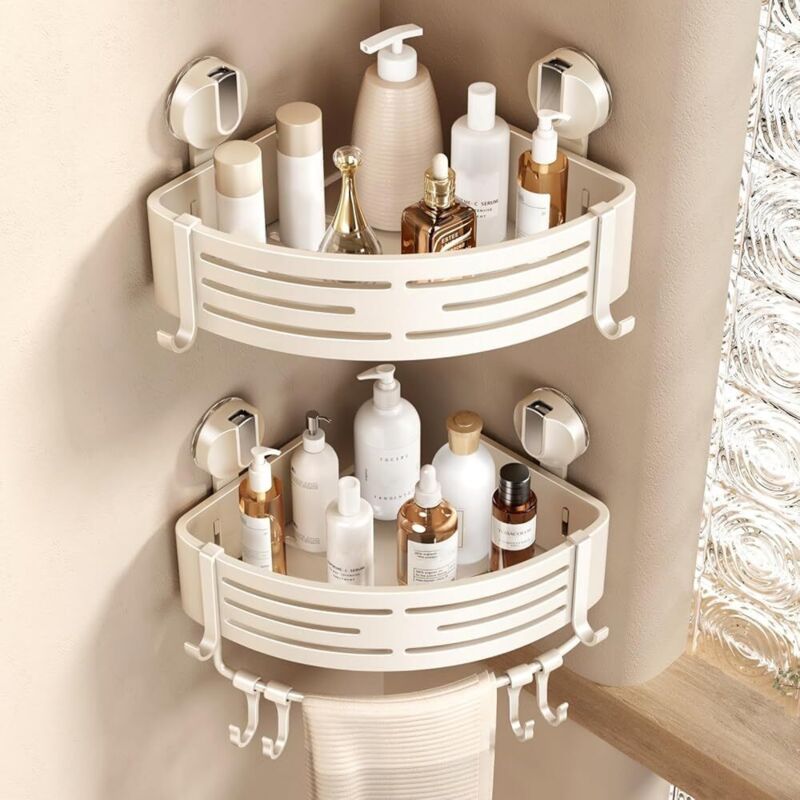 Etagere Douche Angle Ventouse, 2 PièCes Etagere Angle Salle De Bain Sans Percage avec Porte Serviettes et Crochets Rangement et Organisation de La