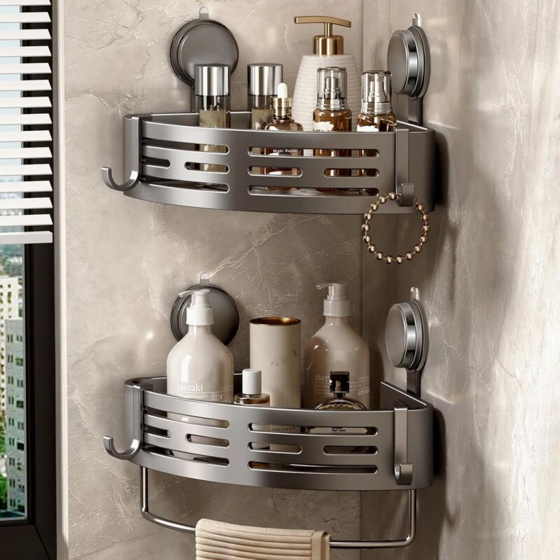 Etagere Douche Angle Ventouse, 2 PièCes Etagere Angle Salle De Bain Sans Percage avec Porte Serviettes et Crochets Rangement et Organisation de La