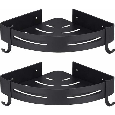 Etagére Douche d'angle Noir sans Perage Rangement Salle de Bain Douche Accessoire Salle de Bain Support Porte Savon Douche Aucun Antirouille en Aluminium Lot de 2 avec Crochets