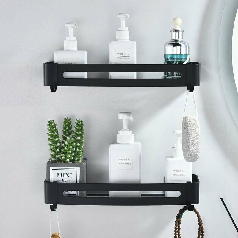 Etagere Douche Noir Etagere Salle de Bain sans Percage Panier Murale de Douche en Aluminium Tablette de Rangement Salle de Bain Serviteurs de Douche