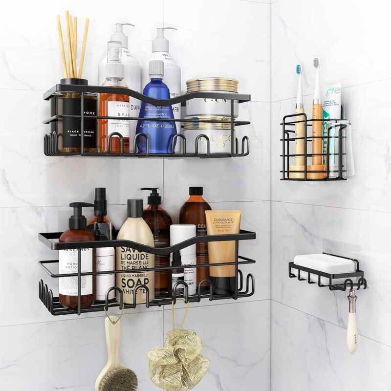 Etagere Douche Sans Percage, 4 pcs Rangement Noir, Support Salle de Bain, Porte pour Shampoing, Savon et brosse à Dents