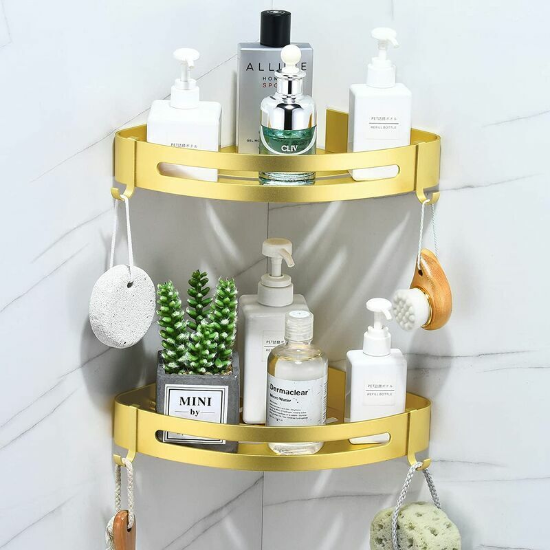 ZVD - tagère Douche Sans Perçage - Étagère Angle Salle de Bain avec 4 Crochets, Panier Rangement Douche en Métal Antirouille (Doré, 2 Niveaux)