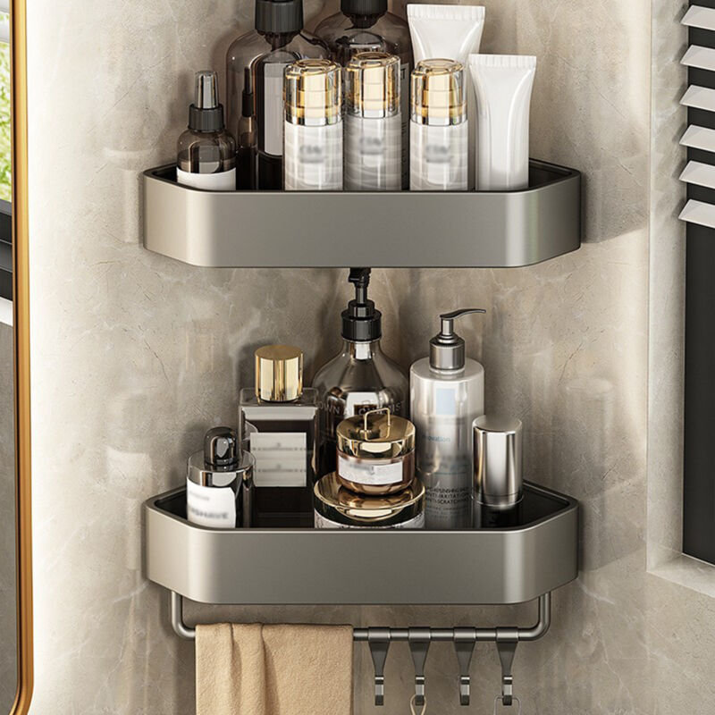 Etagere Douche sans percage, Etagère Salle de Bain 2 pièces, Etagère de Douche en Aluminium Antirouille avec 4 Crochets, Etagère d'angle de Salle de