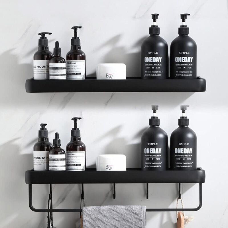 Etagere Douche sans Percage Etagere Salle de Bain avec Porte Serviettes et Crochet Aluminium Etagère de Rangement pour Douche et Cuisine Lot de 2 Noir