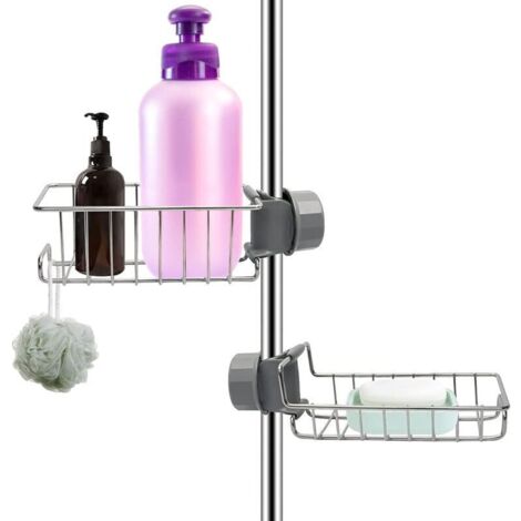 Étagère Douche Sans Percage Inox Argent Lot de 2, Étagère Salle de Bain Inoxydable pour Barre/Rail 18-27mm, Porte Savon/Shampooing Douche, Accessoire de rangement Cuisine