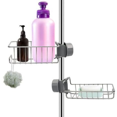 Étagère Douche Sans Percage Inox Argent Lot de 2, Étagère Salle de Bain Inoxydable pour Barre/Rail 18-27mm, Porte Savon/Shampooing Douche, Accessoire de rangement Cuisine