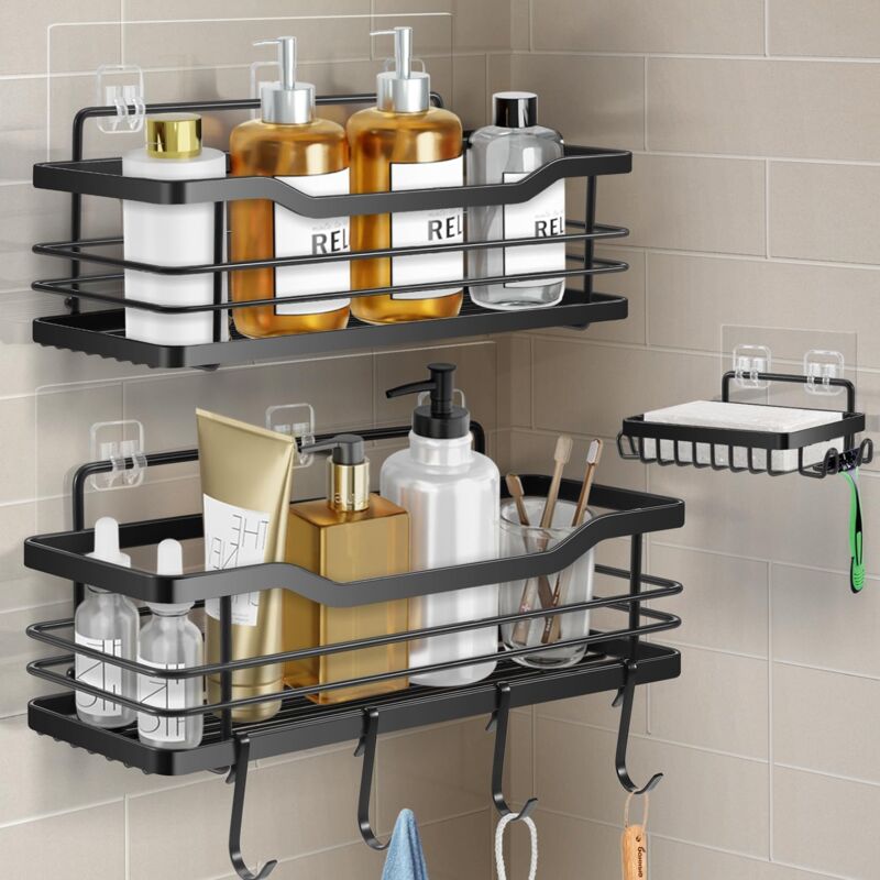 Etagere Douche Sans Percage, Lot de 3, étagère Douche Accessoire Salle de Bain en Acier Inoxydable 304, Noir Rangement Douche