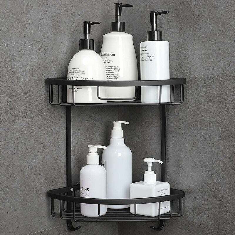 Etagere Douche Sans Percage Salle De Bain D'Angle De Douche Auto-Adhésive Accessoires Salle De Bains 2 Niveaux Noir