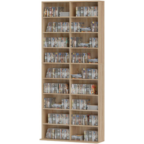 Étagère DVD 9 niveaux, 18 casiers et 14 tablettes réglables, capacité 640 CD, 360 DVD ou 430 Blu-ray, bois naturel