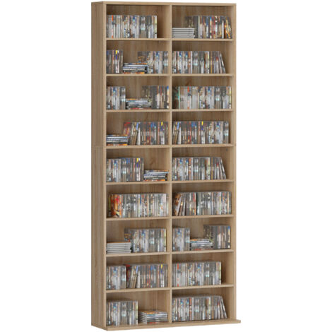 Étagère DVD 9 niveaux, 18 compartiments, 14 tablettes réglables, capacité 640 CD, 360 DVD ou 430 Blu-ray, bois naturel