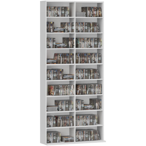 Étagère DVD CD 14 tablettes ajustables 18 cases 175 cm blanc aggloméré