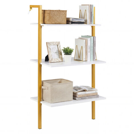 Étagère Échelle à 3 Niveaux, Bibliothèque Murale en Bois avec Cadre Métallique, pour Salon, Cuisine, Bureau, 53,5 x 29,5 x 96 cm, Blanc