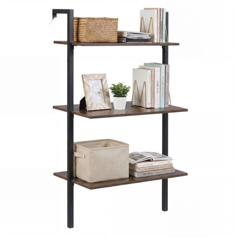 Étagère Échelle à 3 Niveaux, Bibliothèque Murale en Bois avec Cadre Métallique, pour Salon, Cuisine, Bureau, 53,5 x 29,5 x 96 cm, Marron