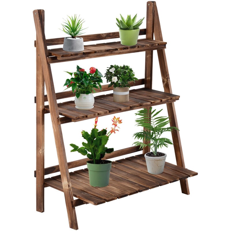 Tagère à plantes forme pyramidale échelle pliante avec 3 étagères - dim. 80L x 37l x 93H cm - bois sapin traité carbonisation