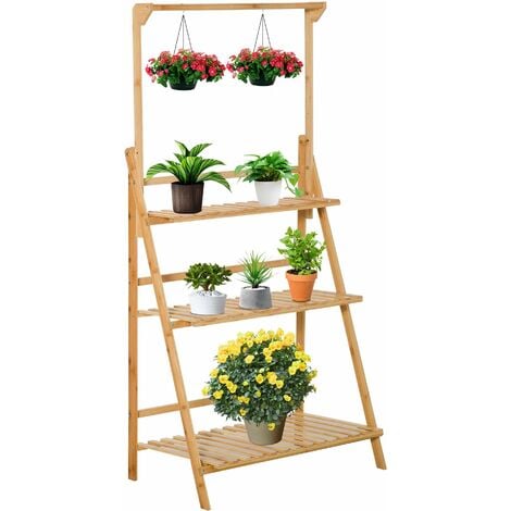Étagère échelle à fleurs en bois de bambou - porte plante bois 3 étagères + barre support pour pots suspendus - Beige