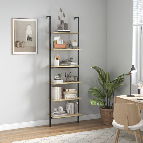 Étagère échelle mural bibliothèque style industriel 6 étagères acier noir aspect bois naturel dim. 60L x 30l x 206H cm
