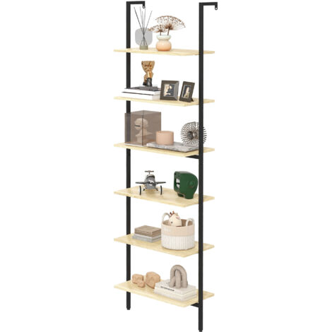 Étagère échelle murale en acier noir et bois naturel, 6 niveaux, 60x30x206 cm