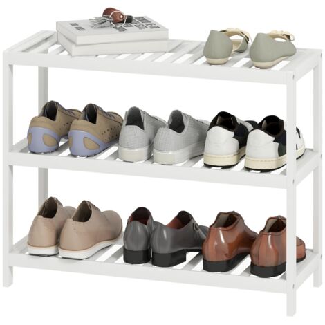 Étagère en bambou 3 niveaux, blanc laqué, rangement chaussures