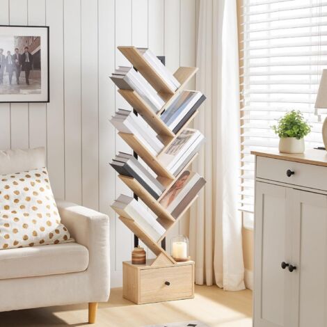 Étagère en Forme d'arbre, Bibliothèque sur Pieds à 9 Niveaux, Étagère de Rangement, pour CD, DVD, Livres, Style Rustique, pour Salon, Chambre, Bureau, Couleur Bois et Noir EBN18SJ01G1,HOOBRO