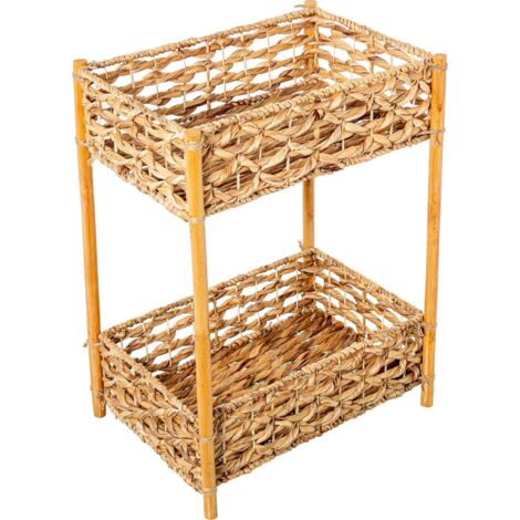 Etagère en jacinto tressé avec paniers et bois - Brun naturel et beige tressé