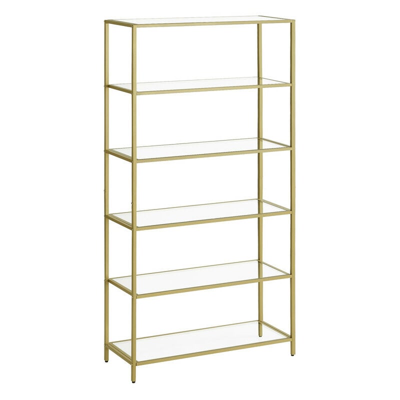 Tagère en Verre à 6 Niveaux, Bibliothèque, Étagère de Rangement, Verre Trempé, Facile à Monter, pour Salle de Bain, Salon, Chambre, Bureau, Doré
