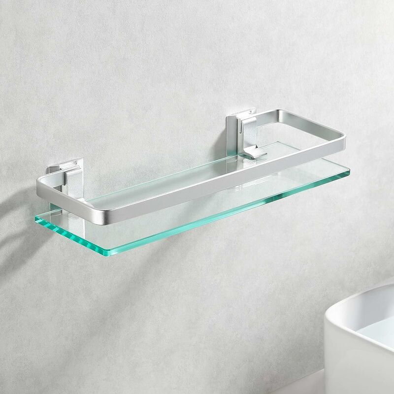 Tagère en verre de salle de bain en aluminium Rectangle en verre trempé 1 couche extra épaisse argent sablé support mural