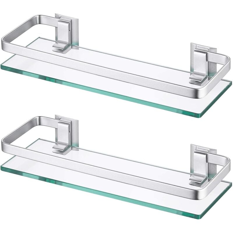 Etagère en Verre pour Salle de Bain 30CM Douche Tablette Aluminium Étagère de Douche Trempé Rectangulaire Finition Bross - 2 Pcs
