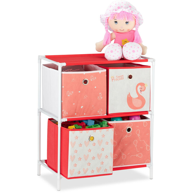 Etagère enfant avec boîtes, jouets, Fillette, design Cygnes, meuble enfants,HlP:62 x 53 x 30 cm,blanc/rouge