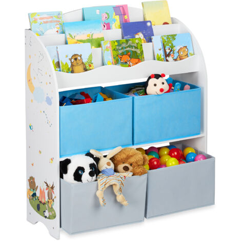 Étagère enfant Relaxdays, 4 bacs, motif feu de camp, rangement jouets, 98 x 82,5 x 30 cm, multicolore