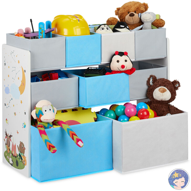 Etagère enfants, 9 boîtes en tissu, motif feu de camp, meuble pour jouets, HxlxP 66x82,5x29,5 cm,coloré