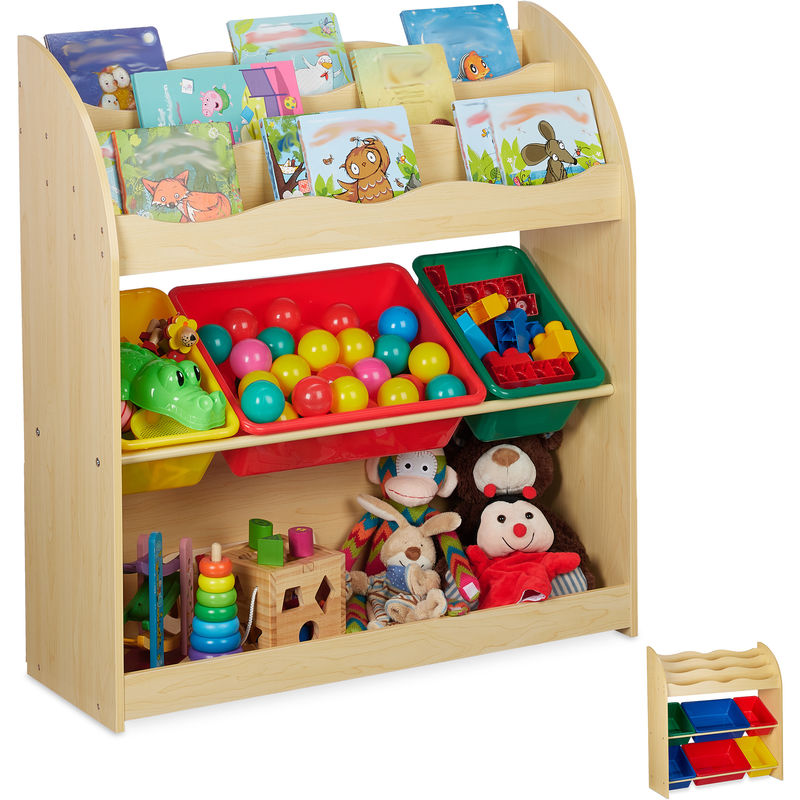 Etagère enfants avec 3 boîtes de rangement, basse, meuble pour jouets, MDF, en plastique, 89x82,5 x 32 cm