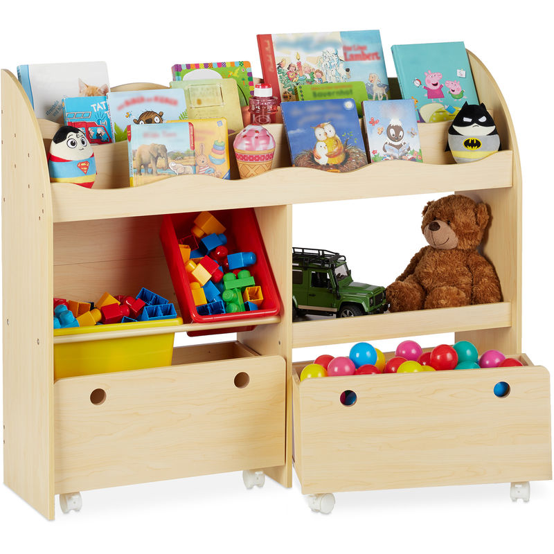 Etagère enfants, rangement de jouets, boîtes en plastique, pour Livres, MDF, HxlxP 88 x 108 x 29 cm brun