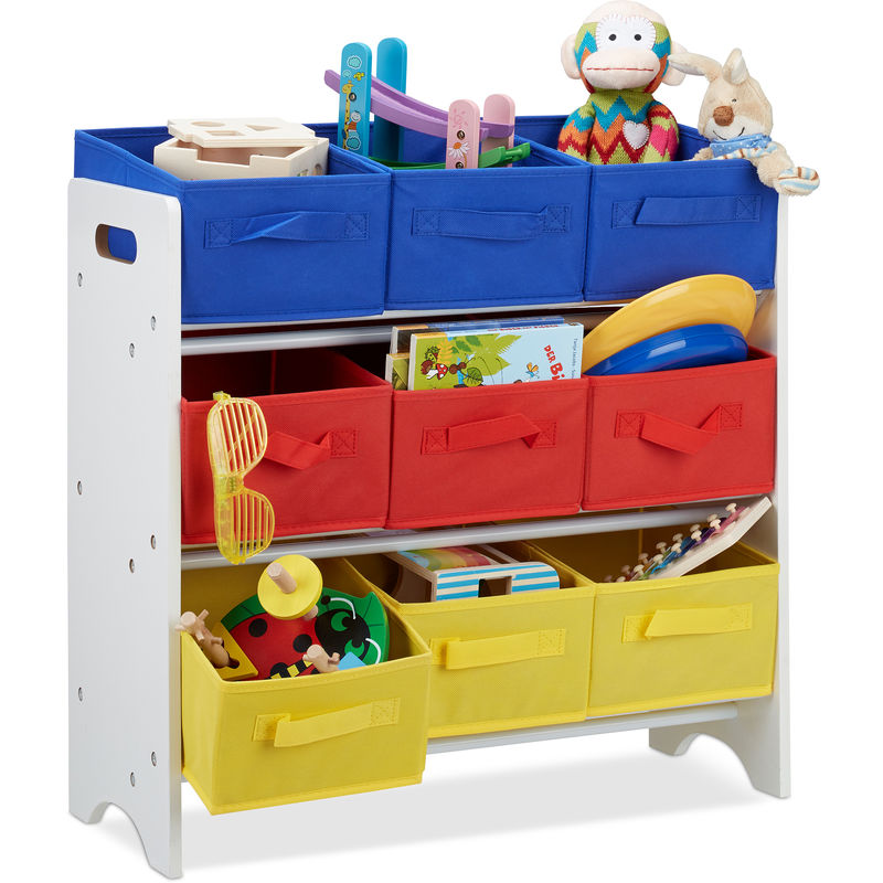 Étagère enfants tiroirs, 9 Boîtes de rangement jouets colorées, MDF, HLP : 62 x 63 x 28cm, blanc/multicolore
