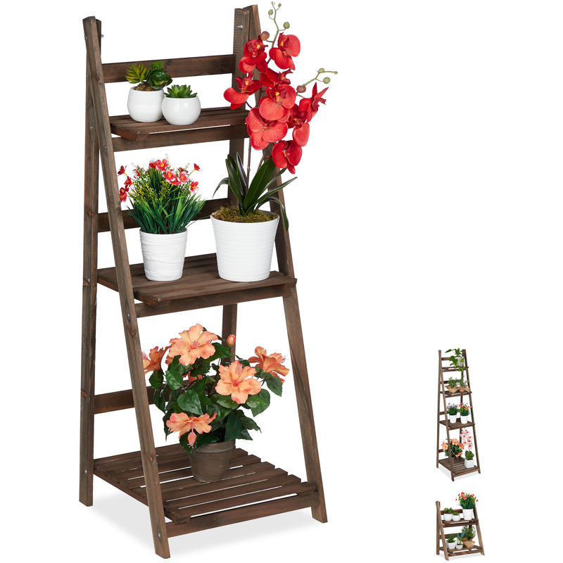 Tagère escalier fleurs, 3 niveaux, escalier fleurs bois , pliable, échelle plantes, HlP:108x41x40cm brun - Relaxdays