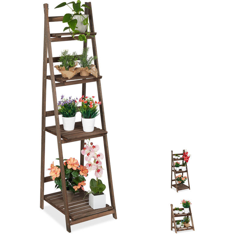 Tagère escalier fleurs, 4 niveaux, escalier fleurs bois , pliable, échelle plantes, HlP:160x41x49cm, brun - Relaxdays