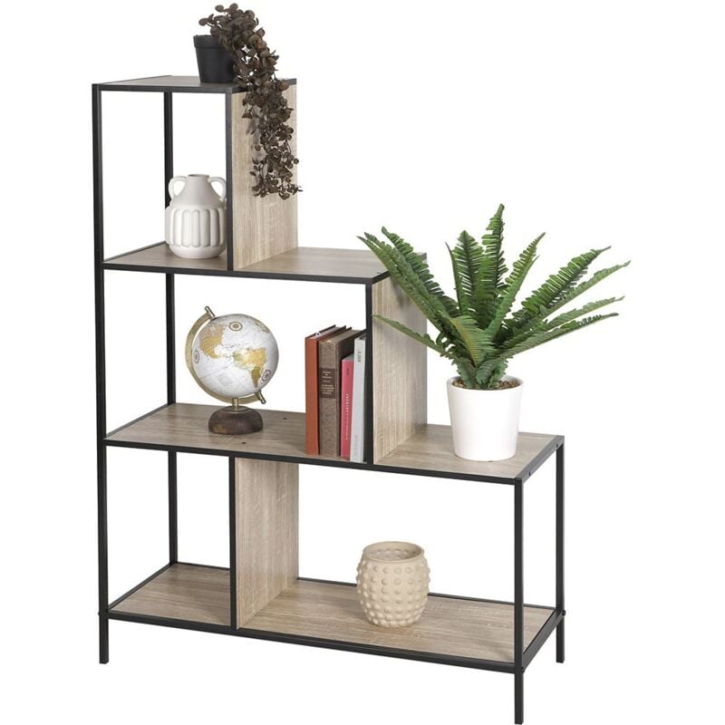 Meublorama - tagère escalier sur 4 niveaux collection holborn – Style industriel, coloris chêne et noir