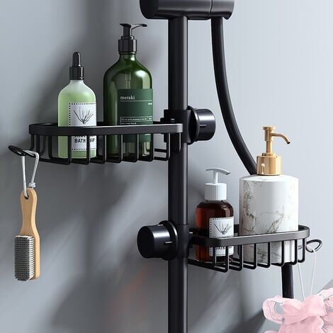 Etagère et rangement de douche-Lot de 2 Étagère Douche Sans Percage Inox, Étagère Salle de Bain Télescopique Inoxydable, Porte Savon Barre Douche, noire