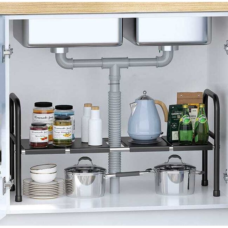 Étagère extensible sous évier, étagère de rangement de cuisine, étagère à chaussures avec 4 plaques amovibles, longueur/hauteur réglable