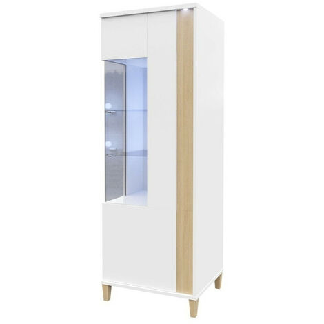 Étagère Florem III, Blanc + Blanc brillant + Clair bois, Fermé, Avec des portes, Stratifié, Verre, Le nombre de portes: 2, Nombre de tiroirs: 0, 160x52x40cm, LED: Disponible